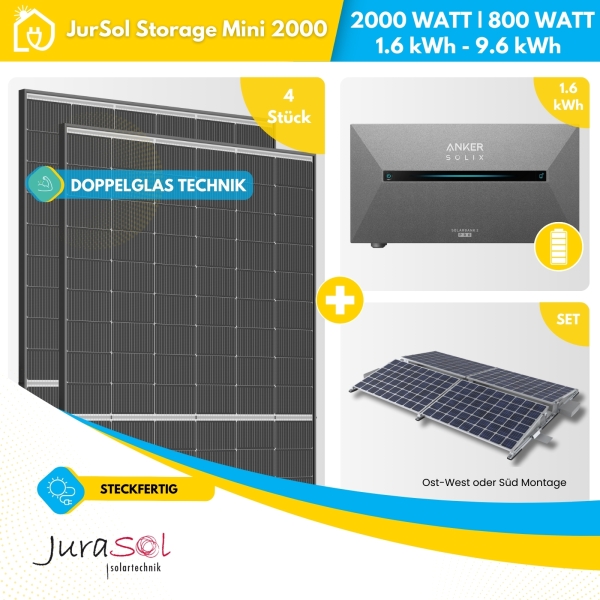 Balkonkraftwerk mit Speicher für Flachdach 2000 Watt 800 Watt - JurSol Storage Mini 2000 Watt - Flachdach